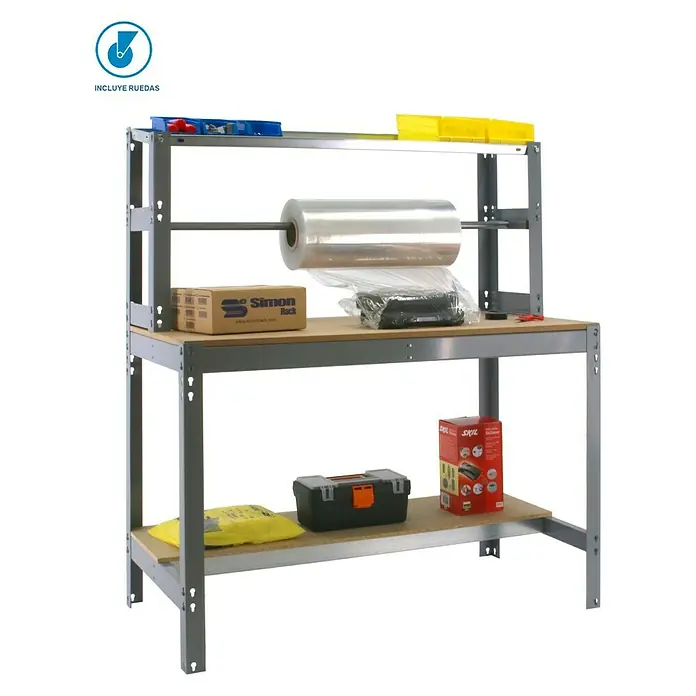 Simonrack Simonwork Banco de trabajo BT4 Mobile - L x An: 76 x 91 cm, Altura de trabajo: 156 cm, Carga soportada: 120 kg, Gris - Mesa de trabajo con dos estantes y un soporte para un rollo de film. Amplio espacio para herramientas en los estantes.