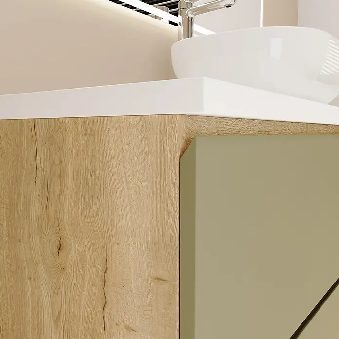 Mueble bajo de lavabo Isa - An x Pr x Al: 60 x 44,6 x 54,5 cm, Verde, Apertura con uñero ingletado 45 grados - Mueble de baño con acabado de madera clara, encimera blanca, lavabo blanco y puerta verde salvia.