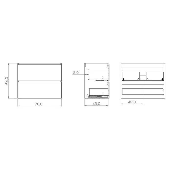 Mueble bajo de lavabo Isa - An x Pr x Al: 70 x 44,6 x 54,5 cm, Blanco seda, Apertura con uñero ingletado 45 grados - Dibujo técnico de un gabinete de dos cajones, mostrando vistas frontal, lateral seccionada y trasera con dimensiones.