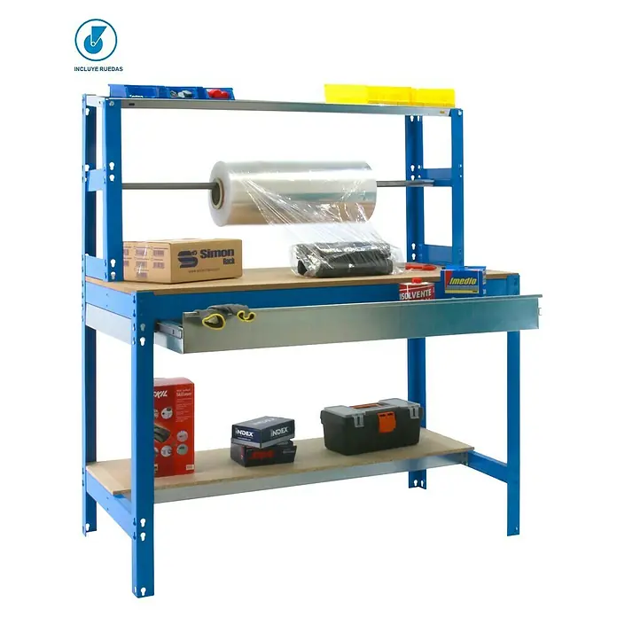 Simonrack Simonwork Banco de trabajo BT4 Box Mobile - L x An: 76 x 91 cm, Altura de trabajo: 144,5 cm, Carga soportada: 120 kg, Azul - Un banco de trabajo azul con diversas herramientas y materiales, ideal para proyectos de bricolaje y trabajos de taller. Robusto y práctico.