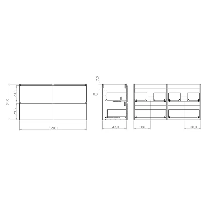 Mueble bajo de lavabo Isa 2 senos - An x Pr x Al: 120 x 44,6 x 54,5 cm, Blanco seda, Apertura con uñero ingletado 45 grados - Dibujo técnico de un mueble de dos niveles con dos cajones por nivel, vistas y dimensiones.