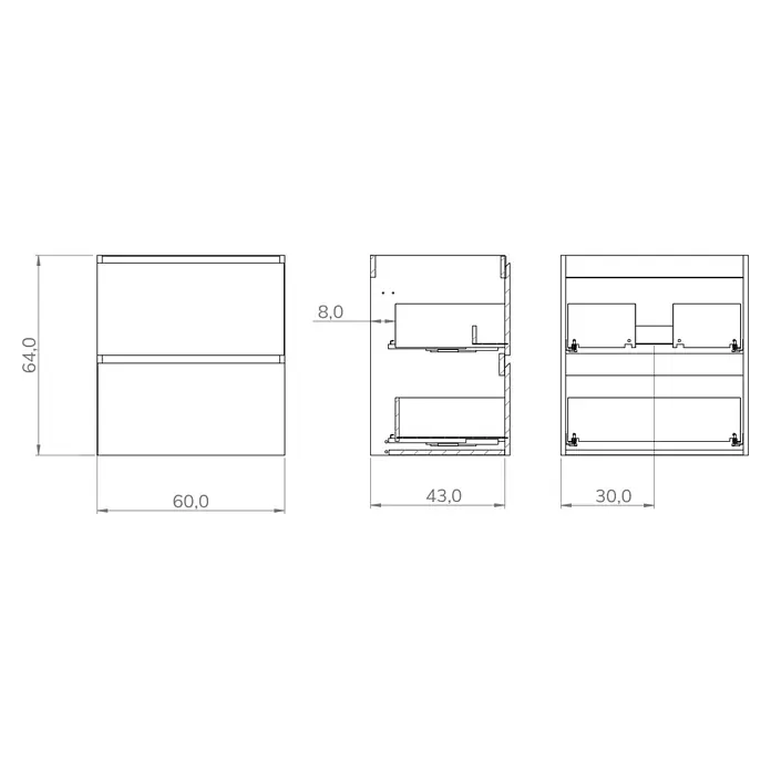 Mueble bajo de lavabo Isa - An x Pr x Al: 60 x 44,6 x 54,5 cm, Verde, Apertura con uñero ingletado 45 grados - Dibujo técnico de un armario con vistas frontal, sección lateral y sección frontal interna. Dimensiones (A64, A60, P43), desplazamiento cajón (8,0) y compartimentos.