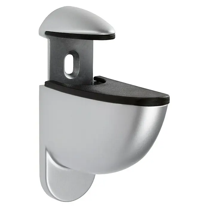 Format Wandregalhalter Tucano - L x B x H: 8 x 8 x 3,5 cm, Silber - Nahaufnahme einer silbernen Regalhalterung mit einem abgerundeten Design und einer schwarzen Gummiauflage zur sicheren Glasbefestigung.