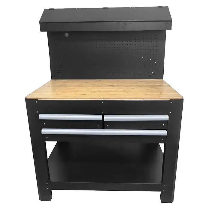 Wisent Banco de trabajo - L x An: 114 x 61 cm, Altura de trabajo: 160 cm, Carga soportada: 150 kg, Negro - Banco de trabajo de metal negro con encimera de madera clara, dos cajones, un estante inferior y un panel perforado superior.
