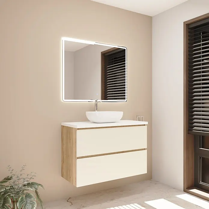 Mueble bajo de lavabo Isa - An x Pr x Al: 100 x 44,6 x 54,5 cm, Beige, Apertura con uñero ingletado 45 grados - Mueble de baño moderno con cajones de madera clara y crema, lavabo blanco y espejo LED iluminado.
