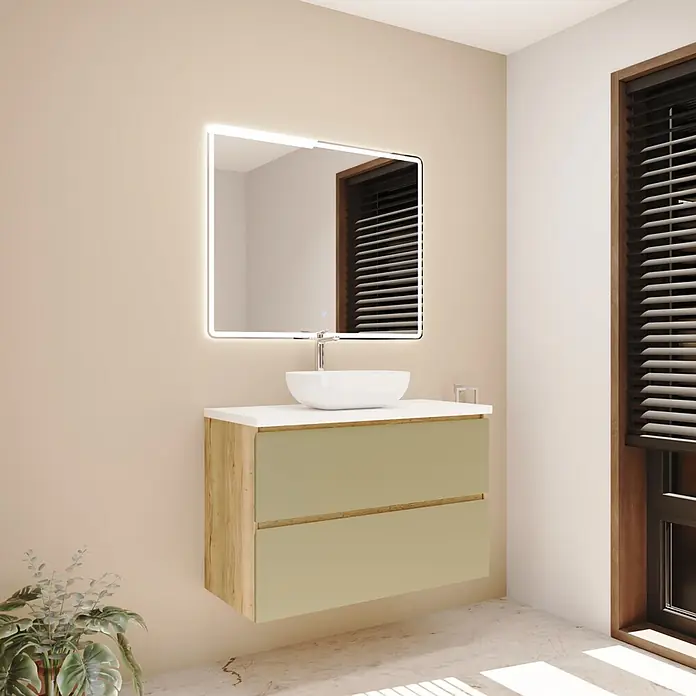 Mueble bajo de lavabo Isa - An x Pr x Al: 100 x 44,6 x 54,5 cm, Verde, Apertura con uñero ingletado 45 grados - Conjunto de baño moderno con marco de madera, cajones verdes claros, lavabo sobre encimera blanco y espejo iluminado en pared beige.