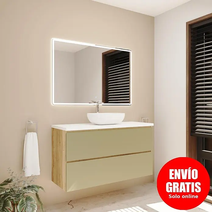 Mueble bajo de lavabo Isa - An x Pr x Al: 120 x 44,6 x 54,5 cm, Verde, Apertura con uñero ingletado 45 grados - Mueble de baño suspendido con madera clara y cajones beige, encimera blanca, lavabo y espejo iluminado en un baño moderno.
