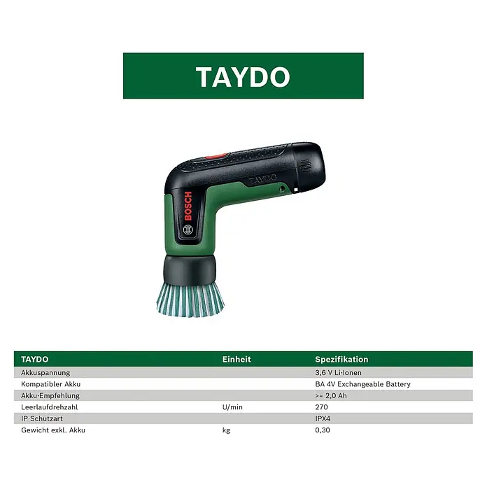 Bosch Akku-Reinigungsbürste Taydo Set - 3,6 V, 1 Akku, 15 -tlg. - Grün-schwarze Bosch-Reinigungsbürste mit grünen und weißen Borsten.