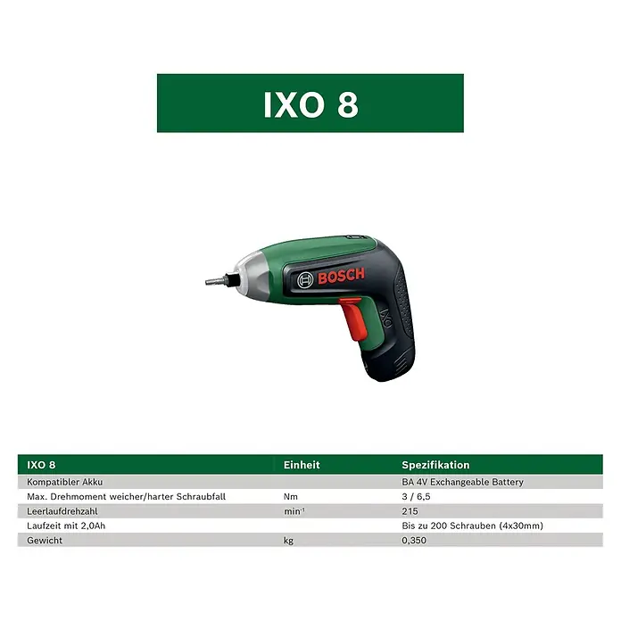 Bosch Akkuschrauber IXO 8 - 4 V, 1 Akku, 2 Ah, 6,5 Nm, 14 -tlg. - Ein grüner und schwarzer Bosch IXO 8 Akku-Schrauber mit rotem Abzug, seitlich dargestellt.