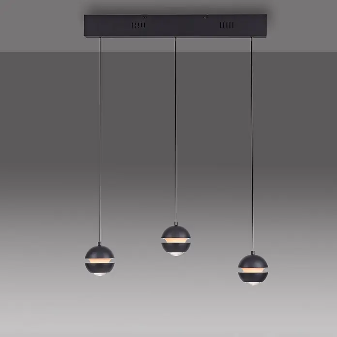Just Light LED-Pendelleuchte Lini - 13,5 W, L x B x H: 10 x 60 x 22 cm, Schwarz, Warmweiß - Dunkelgraue moderne Deckenleuchte mit drei kugelförmigen Pendelleuchten.