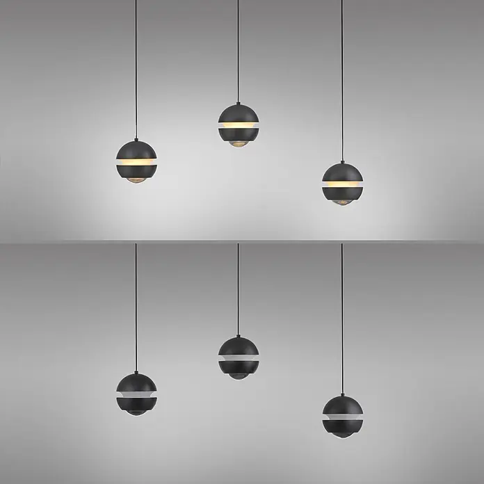 Just Light LED-Pendelleuchte Lini - 13,5 W, L x B x H: 10 x 60 x 22 cm, Schwarz, Warmweiß - Set dunkelgrauer, kugelförmiger Pendelleuchten, einige mit warmem Licht aus einem Band und der unteren Kuppel beleuchtet, andere aus.