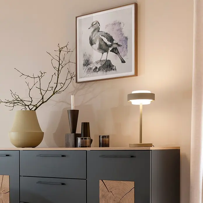 Just Light Akku-Tischleuchte Elmo - Warmweiß, IP20 - Ein dunkelgraues Sideboard mit Echtholzplatte und dekorativen Holzscheibenfronten.