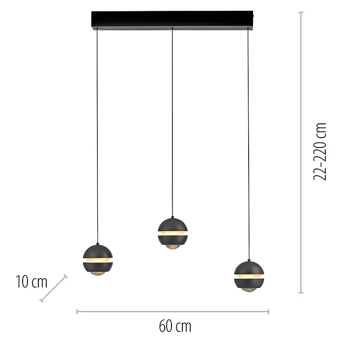 Just Light LED-Pendelleuchte Lini - 13,5 W, L x B x H: 10 x 60 x 22 cm, Schwarz, Warmweiß - Schwarze Dreifach-Pendelleuchte mit kugelförmigen Metallschirmen und verstellbarer Höhe.