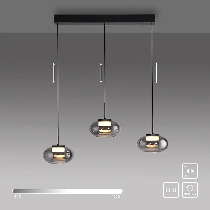 Just Light LED-Pendelleuchte Sia - 6 W, L x B x H: 80 x 75 x 20 cm, Rauchglas/ Schwarz, Warmweiß, Anzahl Leuchtmittel: 3 Stk. - Drei schwarze Pendelleuchten mit Rauchglas-Schirmen, höhenverstellbar und dimmbare LED-Beleuchtung.