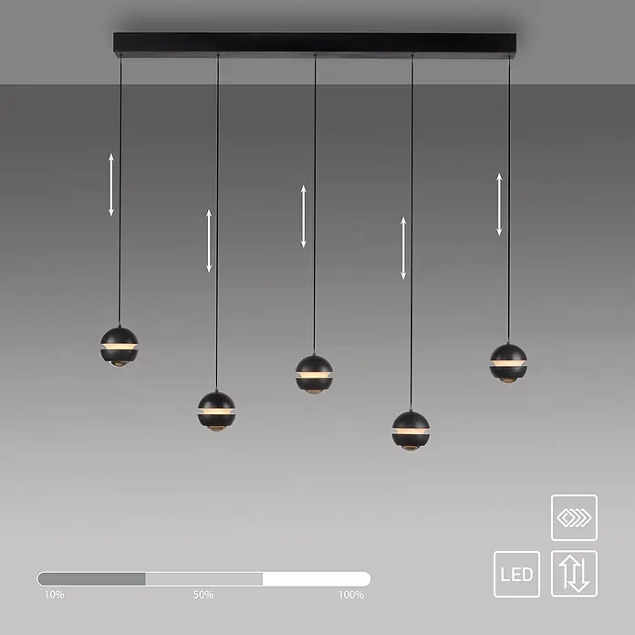 Just Light LED-Pendelleuchte Lini - 4,5 W, L x B x H: 10 x 110 x 22 cm, Schwarz, Warmweiß - Lineare schwarze Pendelleuchte mit fünf höhenverstellbaren sphärischen LED-Lampen und Dimmfunktion.