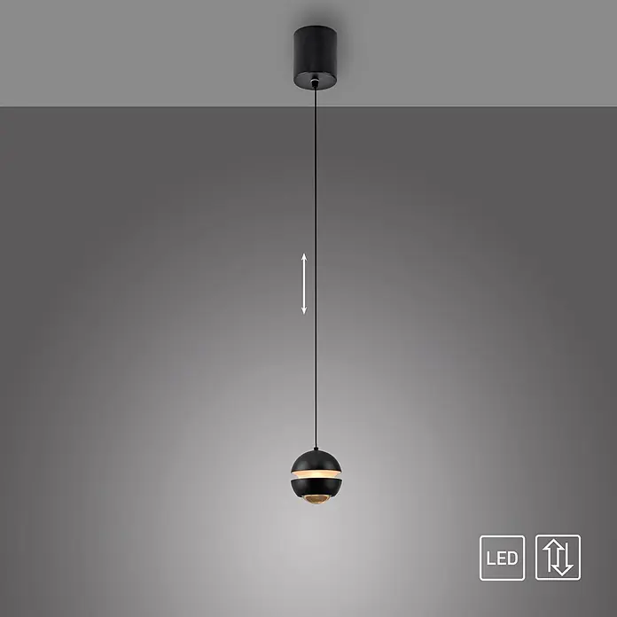 Just Light LED-Pendelleuchte Lini - 4,5 W, L x B x H: 10 x 10 x 10 cm, Schwarz, Warmweiß - Schwarze kugelförmige LED-Pendelleuchte mit goldenem Inneren, höhenverstellbar.