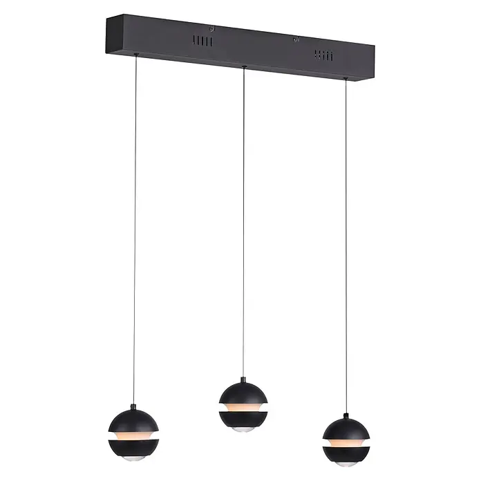 Just Light LED-Pendelleuchte Lini - 13,5 W, L x B x H: 10 x 60 x 22 cm, Schwarz, Warmweiß - Schwarze lineare Deckenleuchte mit drei kugelförmigen Pendelleuchten mit leuchtendem weißem Band.