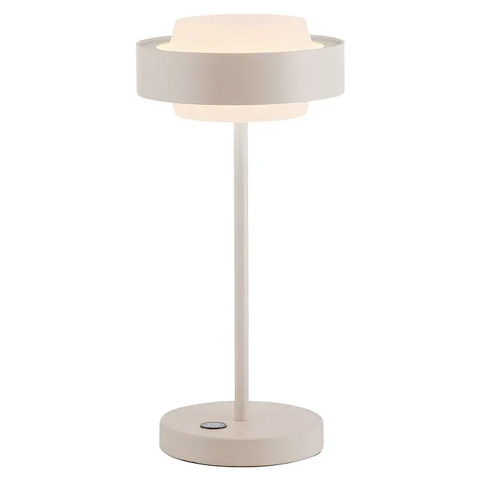 Just Light Akku-Tischleuchte Elmo - Warmweiß, IP20 - Moderne beigefarbene Tischleuchte mit rundem Fuß, schlankem Stiel und geschichtetem Leuchtenkopf, mit Einschaltknopf auf dem Fuß.