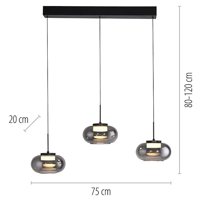 Just Light LED-Pendelleuchte Sia - 6 W, L x B x H: 80 x 75 x 20 cm, Rauchglas/ Schwarz, Warmweiß, Anzahl Leuchtmittel: 3 Stk. - Schwarze dreiflammige Pendelleuchte mit drei runden Rauchglas-Schirmen und beleuchteten weißen Diffusoren, 75 cm breit, Höhe 80-120 cm verstellbar.