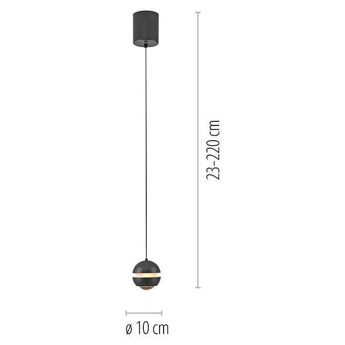 Just Light LED-Pendelleuchte Lini - 4,5 W, L x B x H: 10 x 10 x 10 cm, Schwarz, Warmweiß - Schwarze Pendelleuchte mit Kugel (Ø 10 cm) und zylindrischer Deckenhalterung. Höhe einstellbar 23-220 cm.