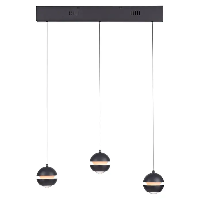 Just Light LED-Pendelleuchte Lini - 13,5 W, L x B x H: 10 x 60 x 22 cm, Schwarz, Warmweiß - Schwarze lineare Pendelleuchte mit drei kugelförmigen Lampen, die warmes Licht abstrahlen.