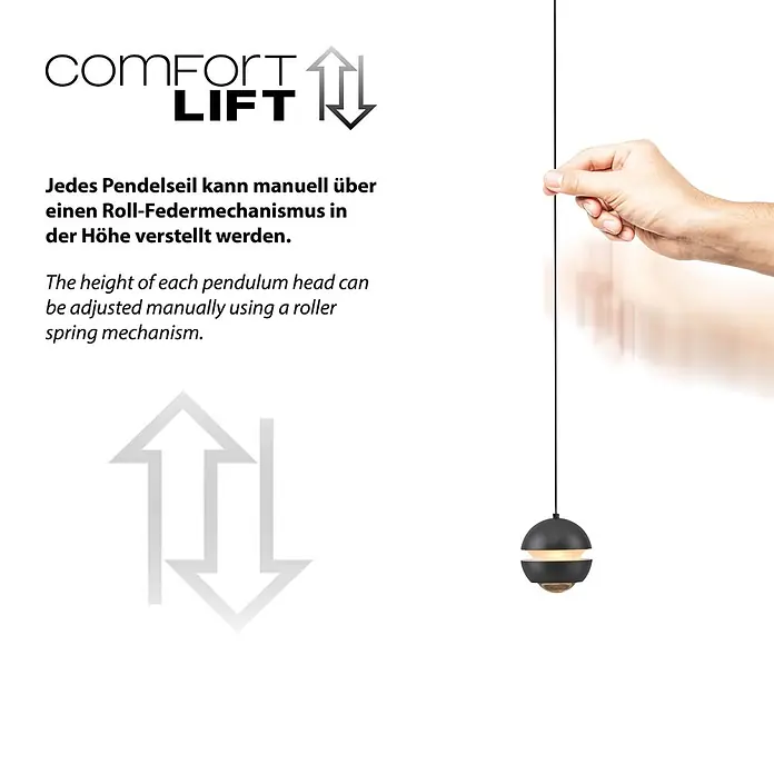 Just Light LED-Pendelleuchte Lini - 4,5 W, L x B x H: 10 x 10 x 10 cm, Schwarz, Warmweiß - Schwarze kugelförmige Pendelleuchte, manuell höhenverstellbar mittels Roll-Federmechanismus. Eine Hand zieht am Seil zur Justierung.