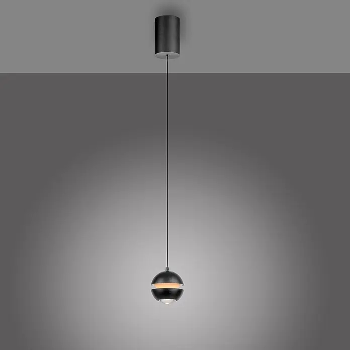 Just Light LED-Pendelleuchte Lini - 4,5 W, L x B x H: 10 x 10 x 10 cm, Schwarz, Warmweiß - Dunkelgraue sphärische Pendelleuchte mit strukturierter Oberfläche, die warmes Licht aus einem zentralen Spalt und einer klaren Linse abstrahlt.