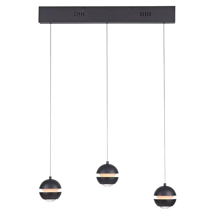 Just Light LED-Pendelleuchte Lini - 13,5 W, L x B x H: 10 x 60 x 22 cm, Schwarz, Warmweiß - Dunkelgraue dreiflammige Pendelleuchte mit rechteckiger Deckenplatte und drei kugelförmigen Lampen mit zentralem Leuchtband.
