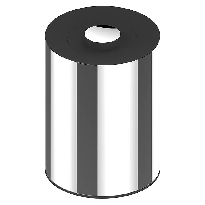 Keuco Kosmetikeimer Plan - 5 l, Edelstahl, Chrom, schwarz - Zylindrischer Chrom-Abfalleimer mit schwarzem flachem Deckel und runder Öffnung.