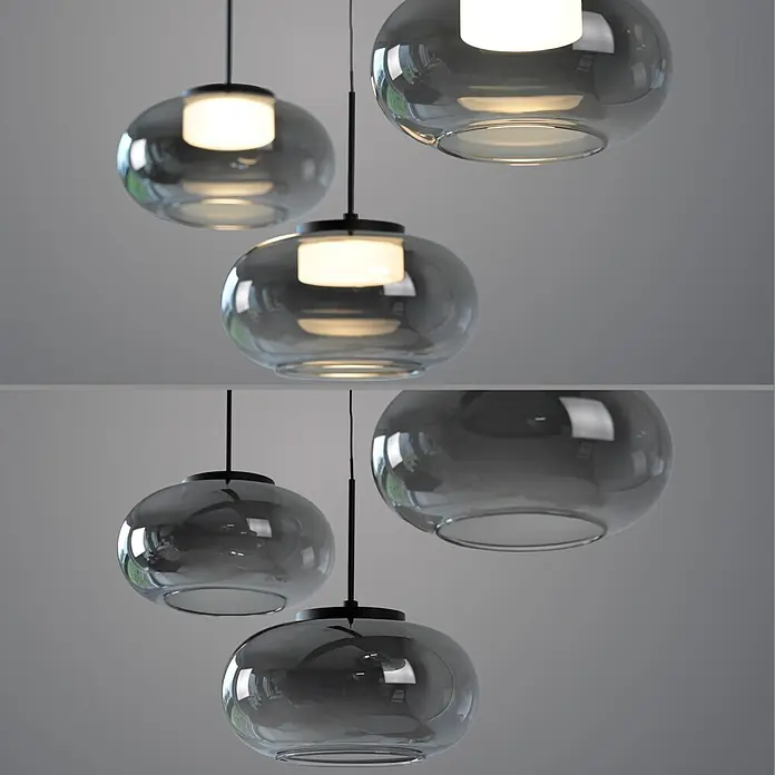 Just Light LED-Pendelleuchte Sia - 6 W, L x B x H: 80 x 75 x 20 cm, Rauchglas/ Schwarz, Warmweiß, Anzahl Leuchtmittel: 3 Stk. - Drei Rauchglas-Pendelleuchten in Grau mit schwarzen Fassungen, beleuchtet und unbeleuchtet dargestellt.