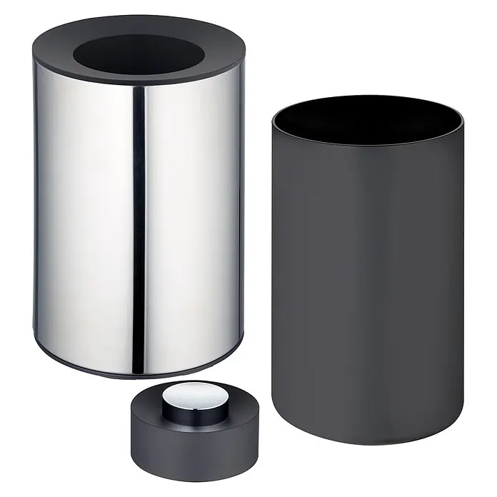Keuco Kosmetikeimer Plan - 5 l, Edelstahl, Chrom, schwarz - Zylindrisches Schreibtisch-Organizer-Set: silbernes Metallgehäuse, dunkelgrauer Einsatz und passender Sockel.