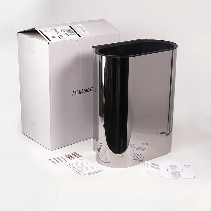 Keuco Kosmetikeimer Plan - 30 l, Edelstahl, Chrom - Polierter Chrom-Abfalleimer, oval, mit schwarzem Rand.
