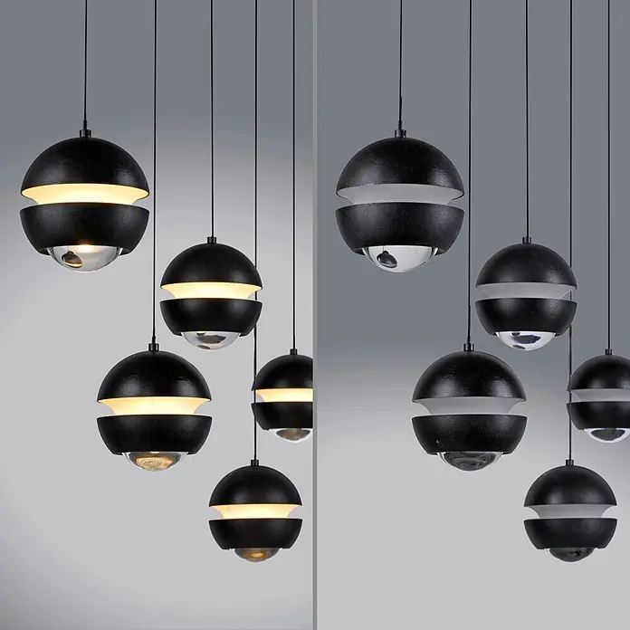 Just Light LED-Pendelleuchte Lini - 4,5 W, L x B x H: 10 x 110 x 22 cm, Schwarz, Warmweiß - Schwarze, segmentierte Kugelleuchten, teils mit warmem Licht beleuchtet.