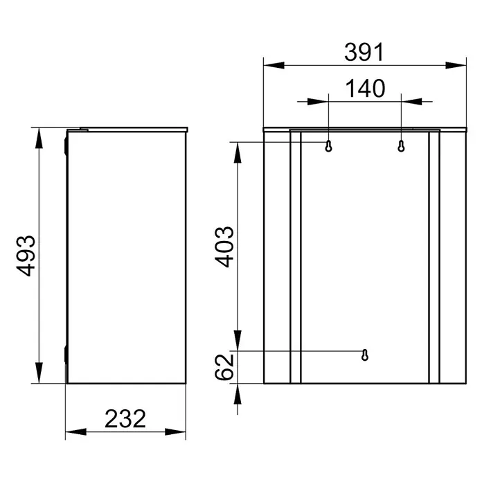 Keuco Kosmetikeimer Plan - 30 l, Edelstahl, Chrom - Technische Zeichnung eines rechteckigen Wandschranks, mit Vorder- und Seitenansichten und detaillierten Maßen.