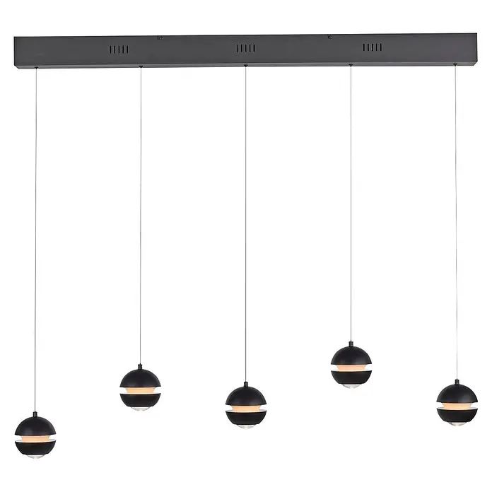 Just Light LED-Pendelleuchte Lini - 4,5 W, L x B x H: 10 x 110 x 22 cm, Schwarz, Warmweiß - Dunkelgraue Pendelleuchte mit fünf schwarzen Kugel-Lampenschirmen, jeder mit leuchtendem Lichtband.