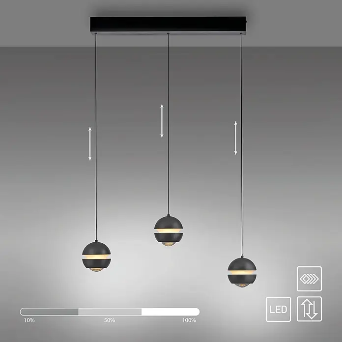 Just Light LED-Pendelleuchte Lini - 13,5 W, L x B x H: 10 x 60 x 22 cm, Schwarz, Warmweiß - Drei schwarze, kugelförmige LED-Pendelleuchten, höhenverstellbar und dimmbar.