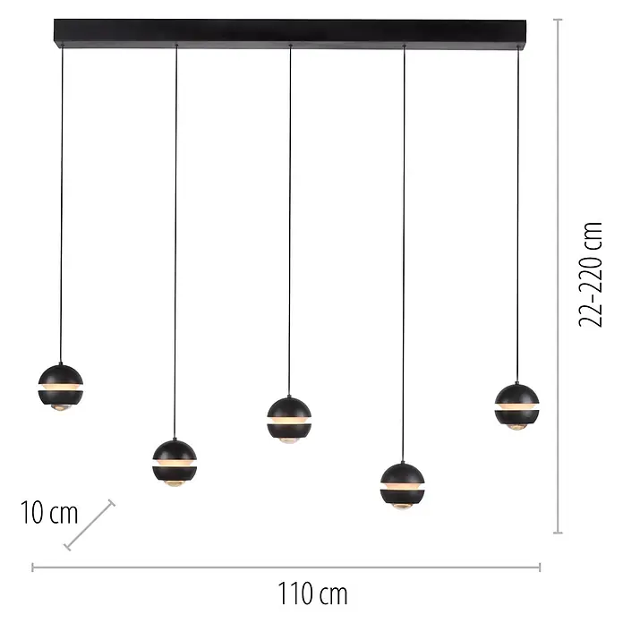 Just Light LED-Pendelleuchte Lini - 4,5 W, L x B x H: 10 x 110 x 22 cm, Schwarz, Warmweiß - Schwarze lineare Pendelleuchte mit fünf Kugelleuchten, 110 cm lang, 10 cm Lampendurchmesser, höhenverstellbar.