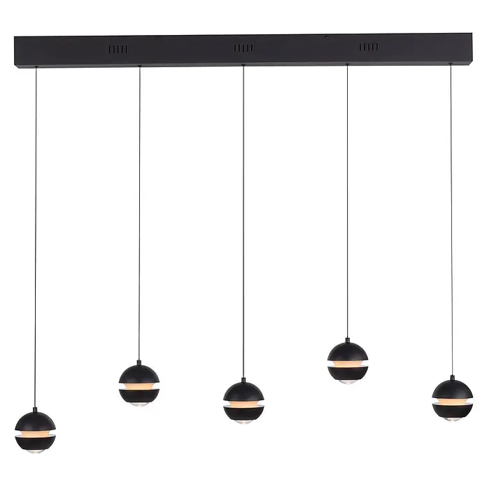 Just Light LED-Pendelleuchte Lini - 4,5 W, L x B x H: 10 x 110 x 22 cm, Schwarz, Warmweiß - Schwarze lineare Pendelleuchte mit fünf kugelförmigen Lampen, jede mit einem beleuchteten horizontalen Streifen.