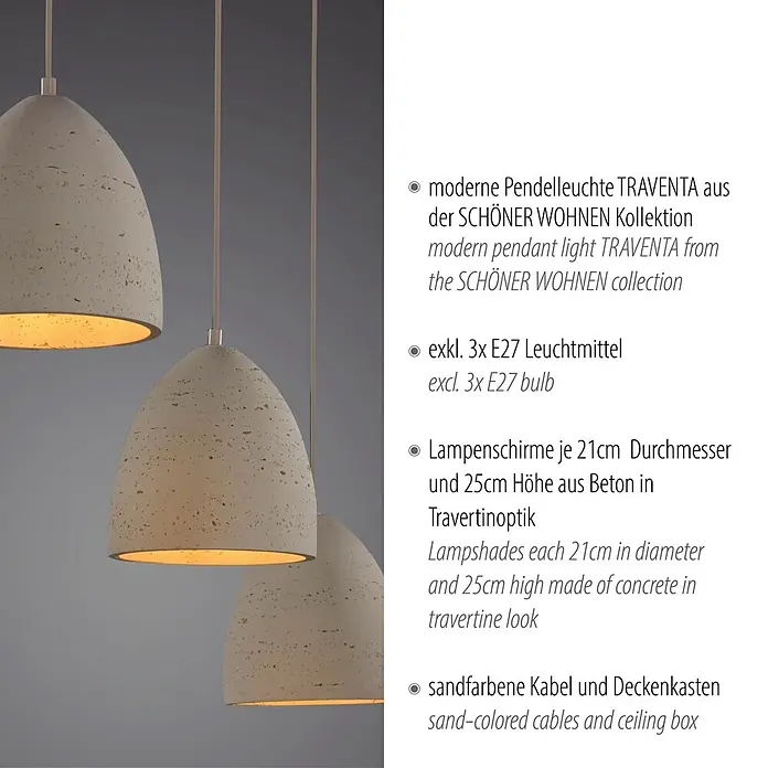 Just Light Pendelleuchte Traventa - L x B x H: 115 x 21 x 120 cm, Travertinoptik, E27, Anzahl Leuchtmittel: 3 Stk. - Moderne TRAVENTA Pendelleuchte mit drei Betonschirmen in Travertinoptik, 21x25cm, und sandfarbenen Kabeln.