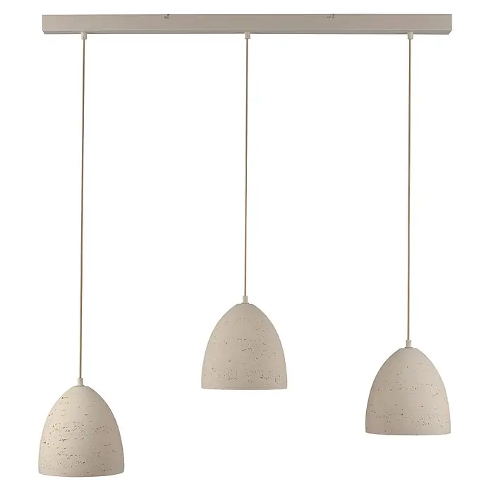 Just Light Pendelleuchte Traventa - L x B x H: 115 x 21 x 120 cm, Travertinoptik, E27, Anzahl Leuchtmittel: 3 Stk. - Drei hellfarbige, texturierte Hängelampen in Kuppelform, an einer Leiste hängend.