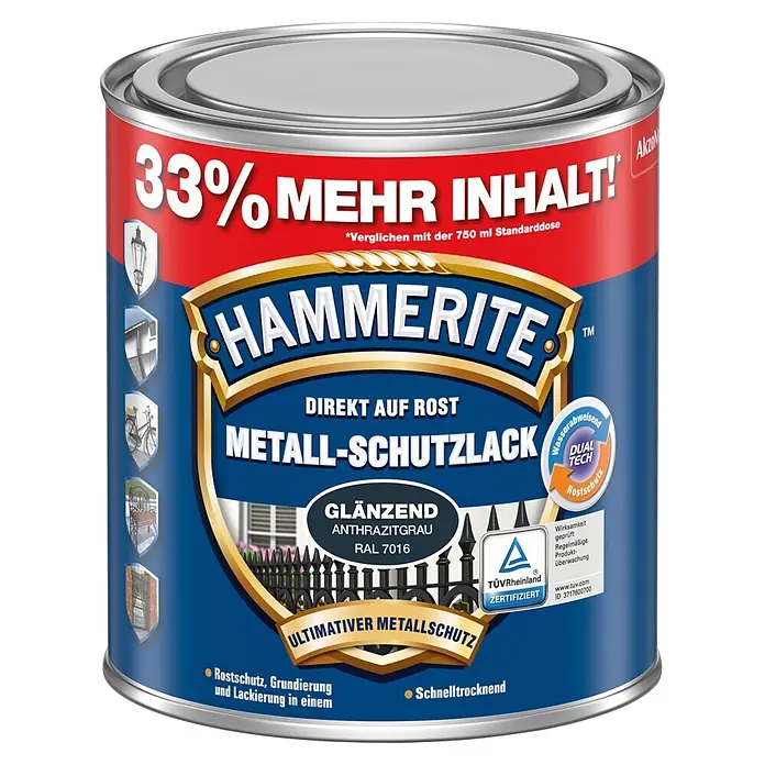 Hammerite Metall-Schutzlack RAL 7016 - Anthrazitgrau, 1 l, Glänzend - Hammerite Metall-Schutzlack glänzend Anthrazitgrau (RAL 7016) mit 33% mehr Inhalt. Bietet Rostschutz, Grundierung und Lackierung in einem.