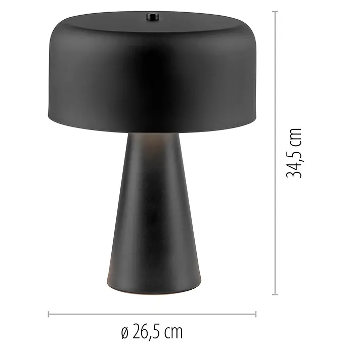 Just Light Tischleuchte Pento - 25 W, L x B x H: 26,5 x 265 x 34,5 cm, Schwarz, E27 - Mattschwarze Tischleuchte mit pilzförmigem Schirm und konischem Fuß.