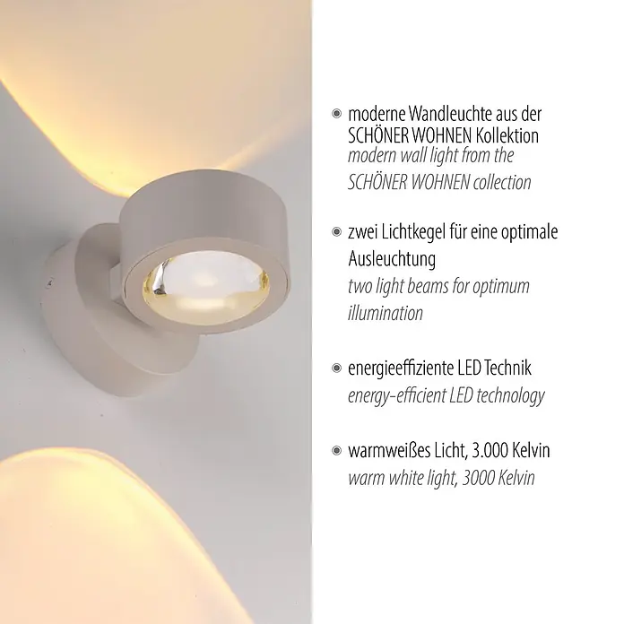 Just Light LED-Wandleuchte Chia - 2 W, L x H: 14,5 x 9 cm, Sand, Warmweiß - Moderne, hellgraue zylindrische Wandleuchte mit warmweißem Lichtkegel nach oben und unten. Verfügt über energieeffiziente LED-Technik.
