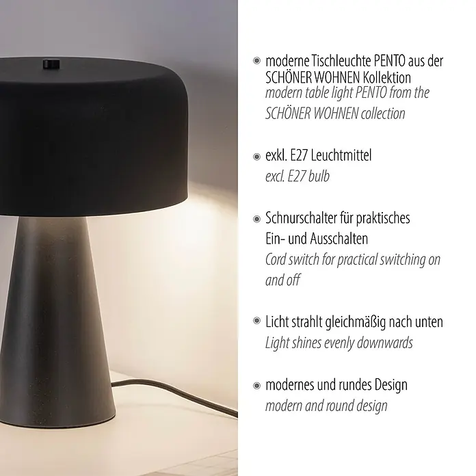 Just Light Tischleuchte Pento - 25 W, L x B x H: 26,5 x 265 x 34,5 cm, Schwarz, E27 - Schwarze, moderne, runde Tischleuchte PENTO mit Schnurschalter, die gleichmäßiges Licht nach unten abgibt.