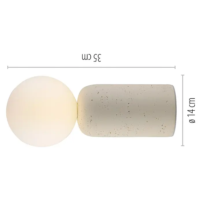 Just Light Tischleuchte Traventa - 10 W, L x B x H: 15 x 15 x 35 cm, Travertin, Opalglas, GU10 - Moderne Leuchte: weiße Lichtkugel auf hellbeigem zylindrischem Steinsockel, 35x14 cm.