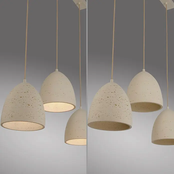 Just Light Pendelleuchte Traventa - L x B x H: 115 x 21 x 120 cm, Travertinoptik, E27, Anzahl Leuchtmittel: 3 Stk. - Fünf beige Pendelleuchten in Travertin-Optik, teilweise beleuchtet, hängen von einer weißen Deckenplatte.