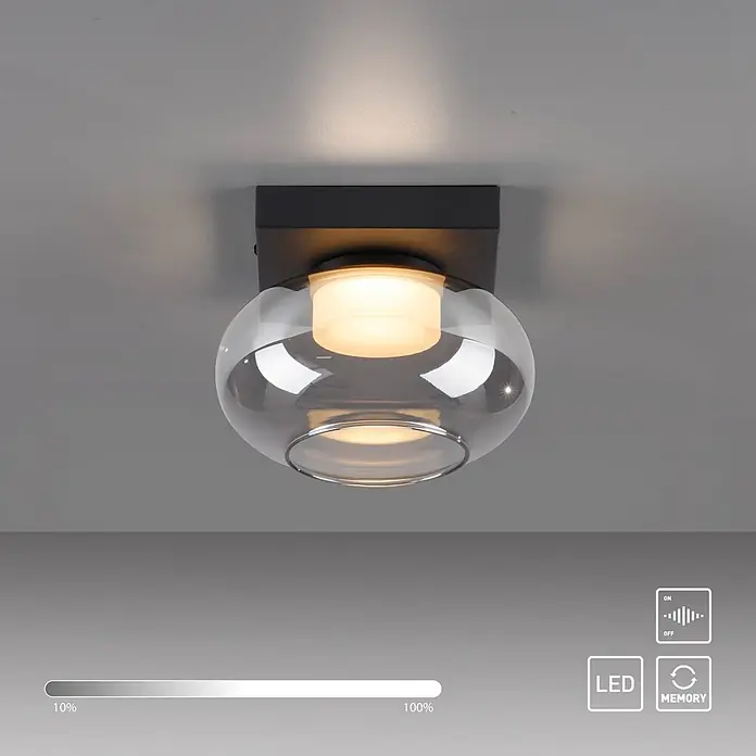 Just Light LED-Deckenleuchte Sia - 4,5 W, L x B x H: 20 x 20 x 14,4 cm, Rauchglas/ Schwarz, Warmweiß - Deckenleuchte mit schwarzer Basis und kugelförmigem Klarglasschirm, warmweiß leuchtend.