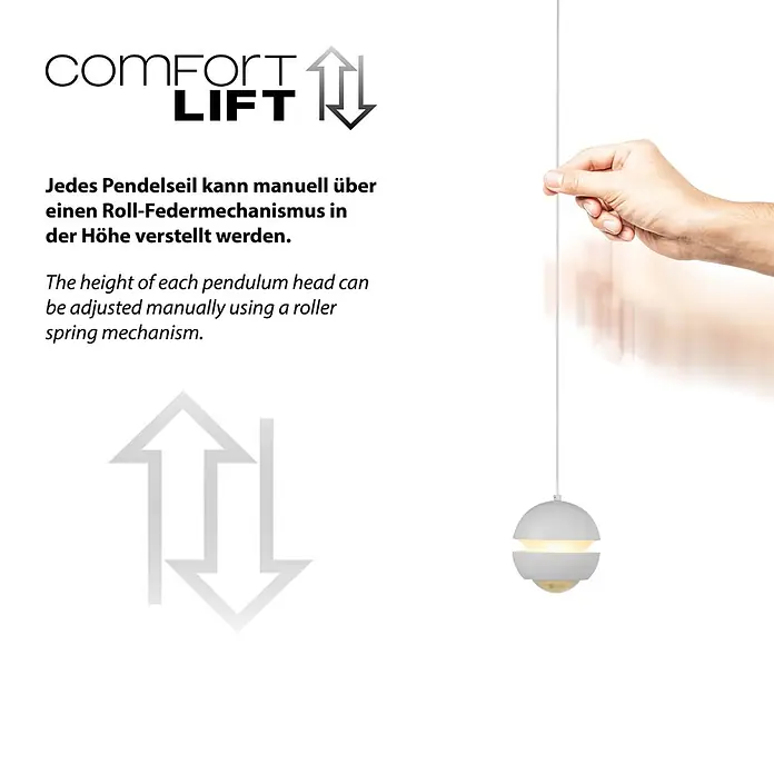 Just Light LED-Pendelleuchte Lini - 4,5 W, L x B x H: 10 x 10 x 10 cm, Weiß, Warmweiß - Eine Hand verstellt die Höhe einer weißen kugelförmigen Pendelleuchte am Kabel. Der integrierte Roll-Federmechanismus ermöglicht eine manuelle Justierung.