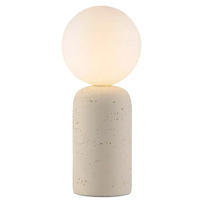 Just Light Tischleuchte Traventa - 10 W, L x B x H: 15 x 15 x 35 cm, Travertin, Opalglas, GU10 - Tischleuchte mit kugelförmigem Diffusor aus mattiertem Glas auf zylindrischem Sockel aus hellem beigem Travertin.