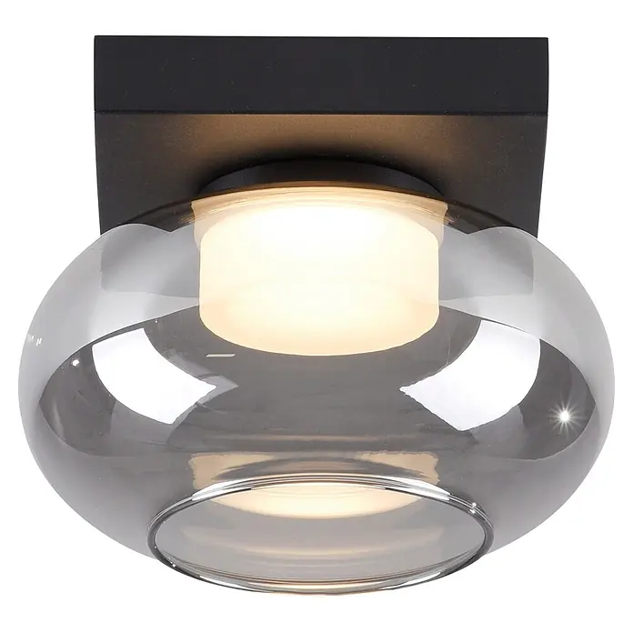 Just Light LED-Deckenleuchte Sia - 4,5 W, L x B x H: 20 x 20 x 14,4 cm, Rauchglas/ Schwarz, Warmweiß - Moderne schwarze Deckenleuchte mit rundem, rauchgrauem Glasschirm und mattweißem Diffusor, der warmes Licht abgibt.